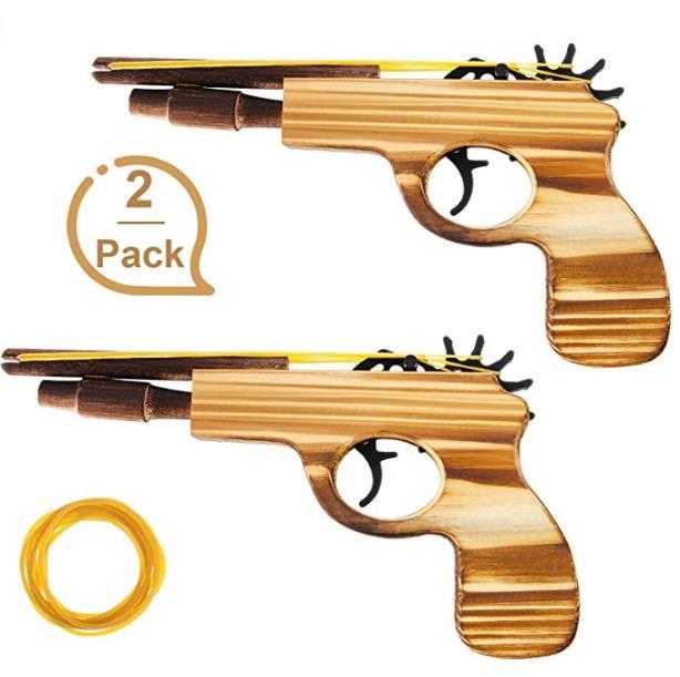 2 Pack Rubber Band Gun Toy Wood and Handmade Toy Gun Easy Load 50 Rubber Bands Per Set